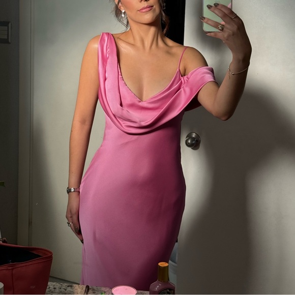 GIANNI BINI Meave Satin Asymmetrical Neck-A-Line Dress - Picture 6 of 8